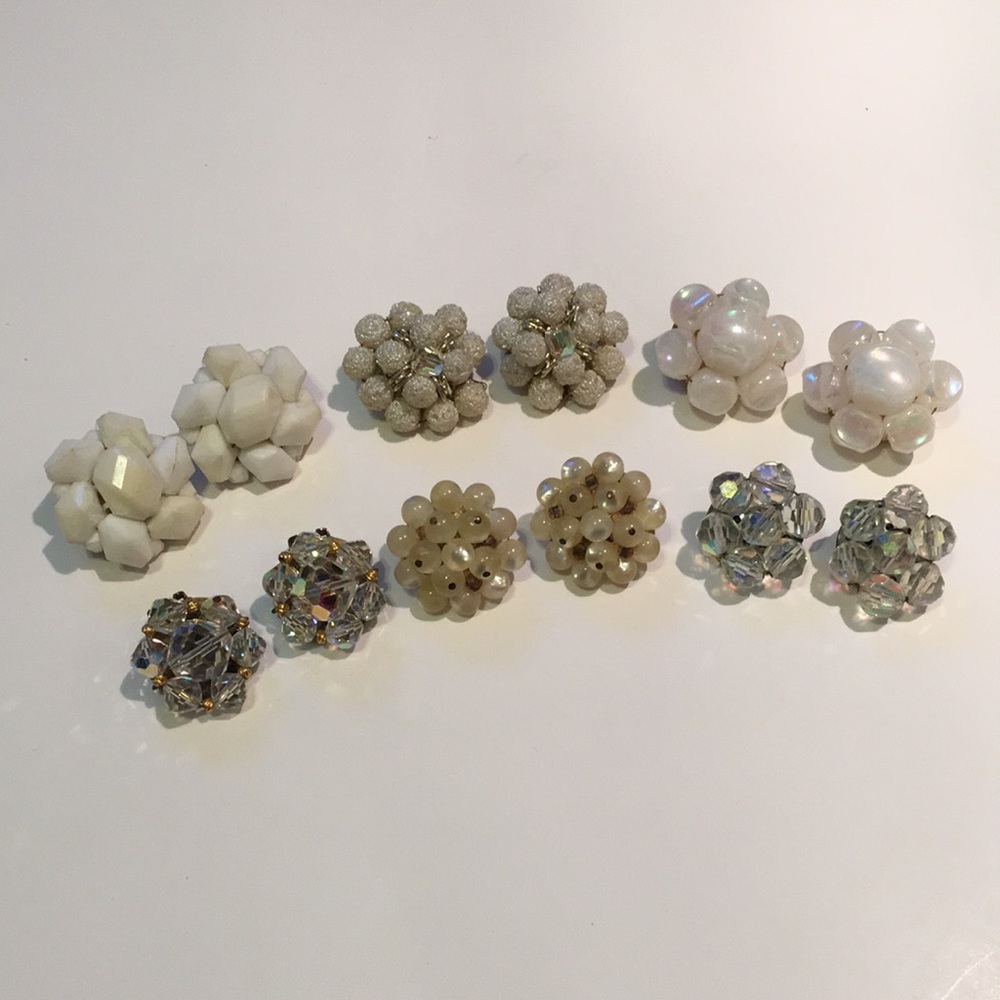 Set of 6 White & Ivory Vintage Clip on Earrings
